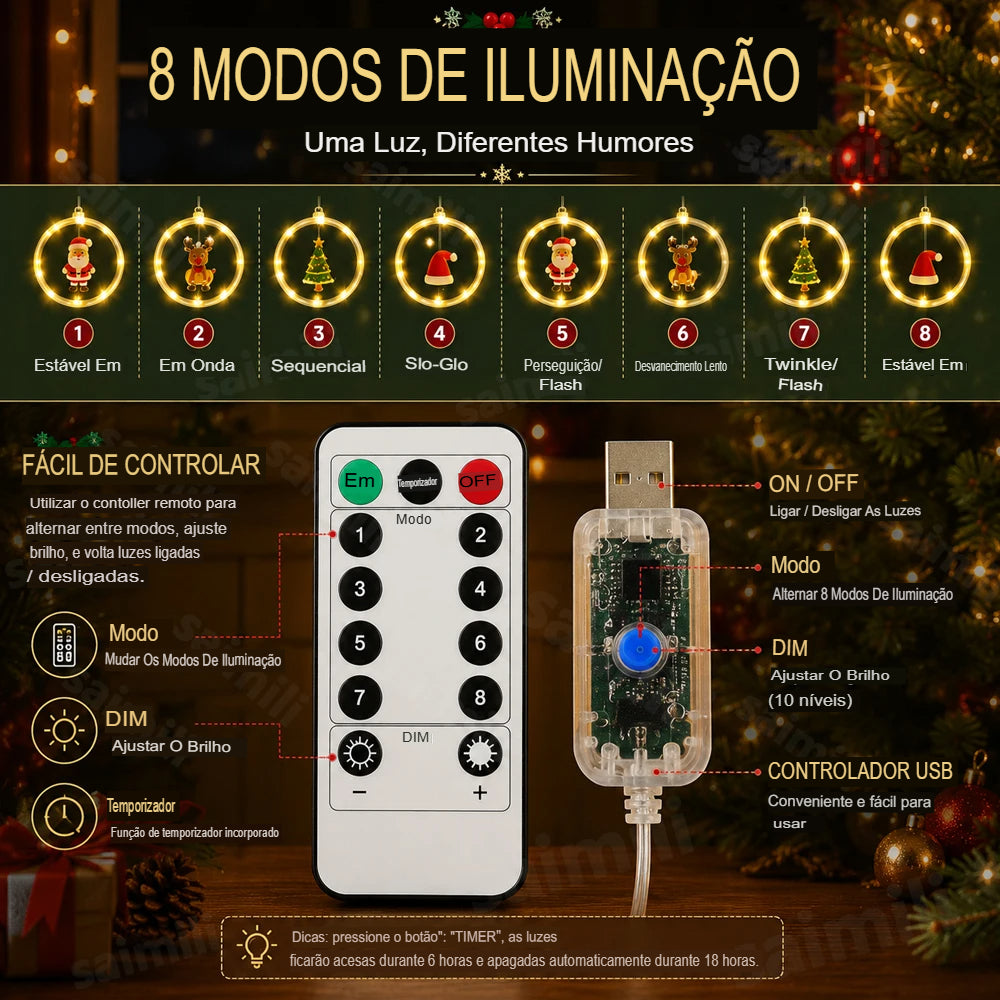 Cortina de Luzes LED Natalina 3,5 m com 10 Anéis